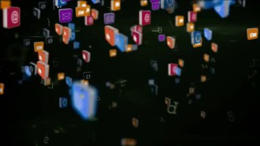 Siyah arkaplanda yeşil asma kilit görünen bilgisayar dosya simgelerinin canlandırılması. Dijital olarak oluşturulan küresel internet güvenlik kavramı