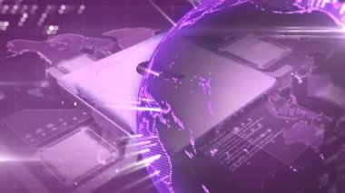 Arka plandaki dünya haritasının üzerinde mor asma kilit ile dönen parlak işaretli küre animasyonu. Dijital olarak oluşturulan küresel internet güvenlik kavramı