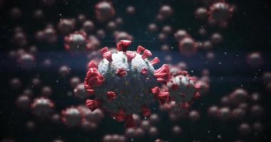 Siyah arka planda sıvı içinde yüzen makro Coronavirus Covid-19 hücrelerinin animasyonu. İlaç halk sağlığı salgını Coronavirus Covid 19 salgın kavramı dijital olarak üretilen görüntü.