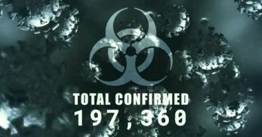 Mavi bir sağlık tehlikesi işaretinin canlandırılması. Mavi bir zemin üzerinde mavi bir sıvı üzerinde yüzen makro Coronavirus Covid-19 hücrelerinin sayısı ve sayısı tamamen onaylandı ve artıyor..