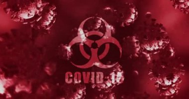 Kırmızı sağlık tehlikesi işareti olan Covid-19 kelimesinin animasyonu. Mor bir arka planda sıvı üzerinde yüzen makro Coronavirus Covid-19 hücreleri..