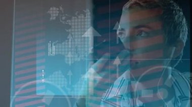 Akıllı telefon kullanan bir kadının istatistiklerini gösteren animasyon. Koronavirüs covid 19 salgın konsepti dijital bileşimi sırasında karantinada sosyal uzaklık ve kendini izole etme