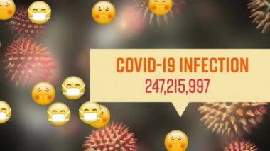 Covid-19 Enfeksiyon Animasyonu ve sayılar artıyor, emojiler ve makro Covid-19 hücreleri arka planda yüzüyor.. 