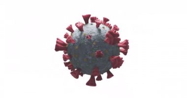 Beyaz arka planda dönen bir makro Coronavirus Covid-19 hücresinin animasyonu. İlaç halk sağlığı salgını Coronavirus Covid 19 salgın kavramı dijital olarak üretilen görüntü.