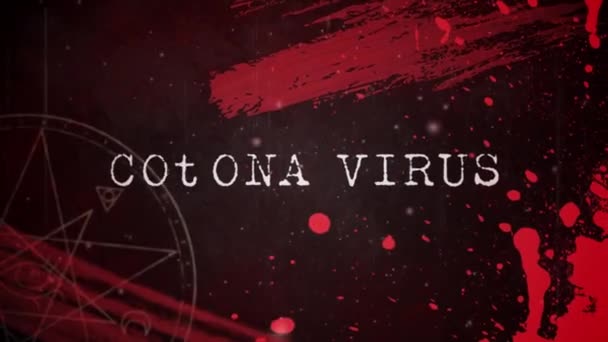 コロナウイルスという言葉のアニメーション塗料の赤いスプラッシュの上に白い文字で書かれたウイルスとコロナウイルスとコンパスCovid 19パンデミックが広がる — ストック動画