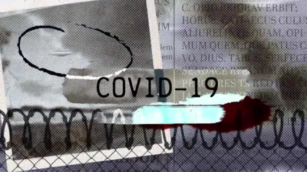 コロナウイルスという言葉のアニメーションコロナウイルスコロナウイルスと紙のスクラップとぼやけたテキストの上に黒い文字で書かれたウイルスコロナウイルスコロナウイルス19パンデミックが広がる — ストック動画