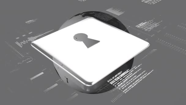 Animation Globe Spinning Silver Padlock Appearing Data Processing Grey Background — Stock Video