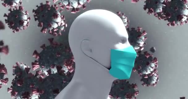 背景にフェイスマスクを着用した3D人体モデル上に浮かぶマクロコロナウイルスCovid 19細胞のアニメーション — ストック動画