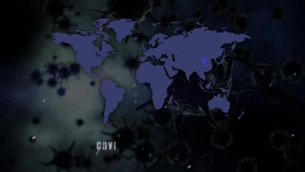 背景に浮かぶマクロCovid 19細胞に対するCovid 19感染拡大グラフを用いた世界地図のアニメーション — ストック動画