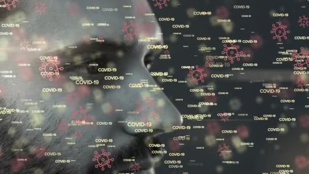 Covid 19とCovid 19という言葉が浮かぶ白人男性のプロフィールのアニメーション グローバル公衆衛生コロナウイルスCovid 19パンデミックコンセプトデジタル複合体 — ストック動画