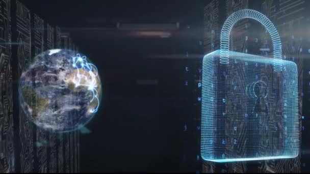 蓝色挂锁的动画 全球旋转 数据处理 黑色背景 全球网络安全概念数字生成 — 图库视频影像