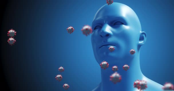 Animación Células Macro Coronavirus Covid Flotando Sobre Modelo Humano Fondo — Vídeos de Stock