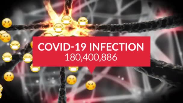 Animación Covid Infección Aumento Números Emojis Volando Sobre Sistema Nervioso — Vídeos de Stock