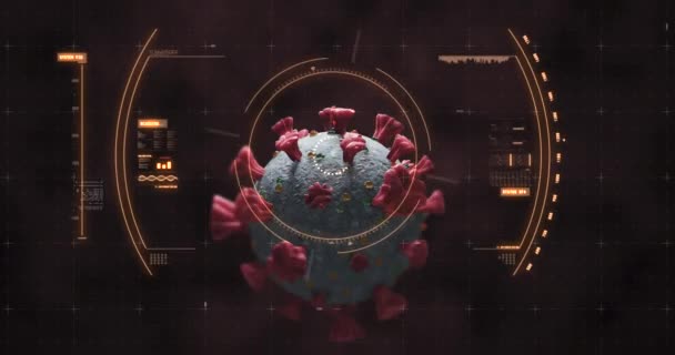 黒の背景にコロナウイルスCovid 19細胞のデータ処理 スコープスキャン チェックのアニメーション 医学公衆衛生パンデミックコロナウイルスCovid 19感染症の概念デジタル生成された画像 — ストック動画