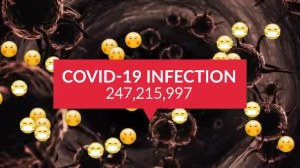 Covid 19感染的动画和数量都在增加 在Covid 19细胞上空飞舞的情感图标漂浮在后面 全球公共卫生Coronavirus Covid 19流行病概念数字生成图像 — 图库视频影像