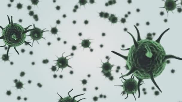 Анимация Множества Макрозеленых Коронавирусов Covid Клеток Распространяющихся Заражающих Плавающие Белом — стоковое видео