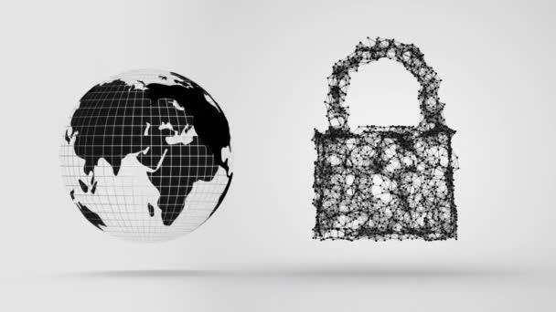 Animation Padlock Made Black Connections Black Globe Spinning White Background — Stock Video
