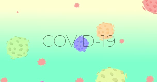 用黑色字母在漂浮在绿色背景上的巨藻Covid 19细胞上的一个词Covid 19的动画化 — 图库视频影像