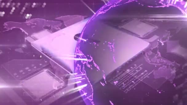 Animation de globe avec des marques brillantes tournant avec un cadenas violet sur une carte du monde en arrière-plan. Concept global de sécurité Internet généré numériquement