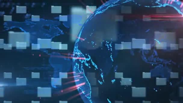 Animation d'un globe tournant, cadenas fait de fichiers informatiques, traitement de données sur fond noir. Concept global de sécurité Internet généré numériquement