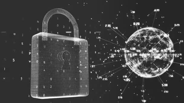 南京錠のアニメーション マークされた点が回転する地球 データ処理 黒の背景に デジタル生成されたグローバルインターネットセキュリティの概念 — ストック動画