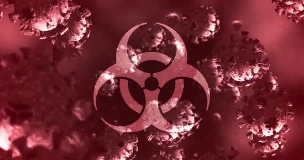 Kırmızı Zemin Üzerinde Kırmızı Bir Sıvı Içinde Yüzen Makro Coronavirus — Stok video