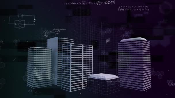 Анімація Тривимірної Міської Моделі Над Математичними Рівняннями Обробка Даних Глобального — стокове відео