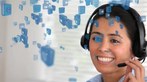 Animation Blue Boxes Flying Woman Working Home Using Headset Social — Stock Video