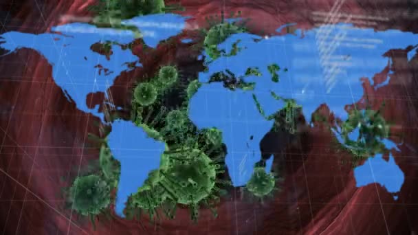 Animation World Map Data Processing Statistics Showing Macro Covid Κύτταρα — Αρχείο Βίντεο