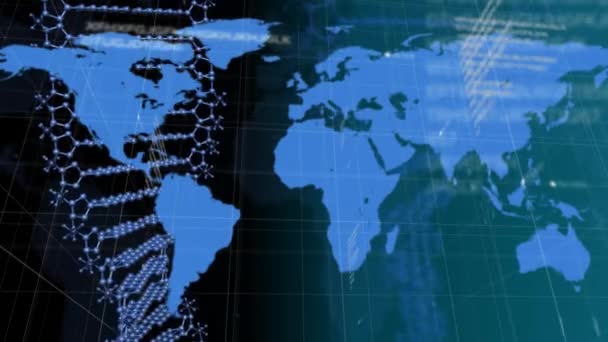 Animatie Van Een Wereldkaart Een Dna Stam Gegevensverwerking Achtergrond Mondiale — Stockvideo
