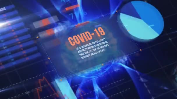 Animation de texte sur Covid-19 dans un cadre sur la rotation du globe, les statistiques montrant en arrière-plan. Coronavirus de la santé publique mondiale Covid 19 concept de pandémie composite numérique.