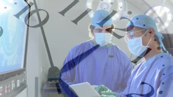 Animation Clock Ticking Two Doctors Wearing Face Masks Discussing Using — Stock Video