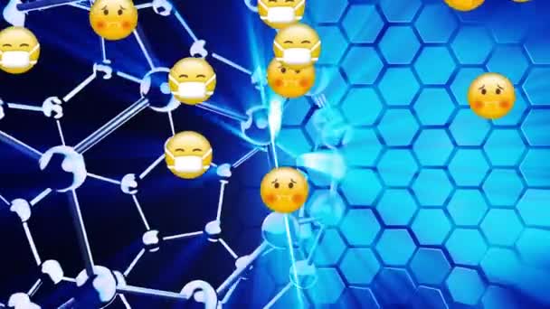 Animation Emojis Faller Över Boll Gjord Anslutningar Blå Bakgrund Global — Stockvideo
