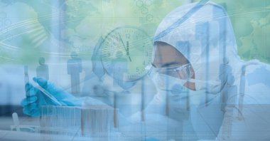 Yüz maskesi takan bir bilim adamının dijital çizimi, koruyucu giysi, eldivenler ve Google, saat üzerinde bir pipet ve arka planda bir küre kullanarak.