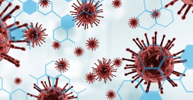 Beyaz zemin üzerinde yüzen makro Coronavirus Covid-19 hücrelerinin dijital çizimi. Halk sağlığı salgını Coronavirus Covid 19 salgın konsepti dijital bileşik.