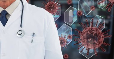 Tıbbi simgelerin üzerinde duran bir doktorun dijital çizimi, arka planda yüzen makro Coronavirus Covid-19 hücreleri. Halk sağlığı salgını Coronavirus Covid 19 salgın konsepti dijital bileşik.
