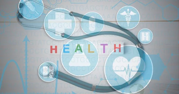 Digitale Illustration Medizinischer Symbole Über Einem Stethoskop Hintergrund Medizin Public — Stockfoto