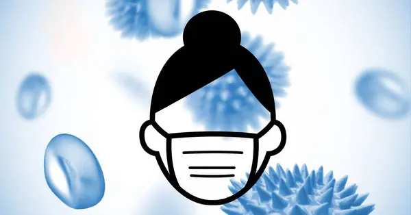 Cyfrowa Ilustracja Noszenia Maski Twarzy Znak Makrowirusa Covid Komórek Pływających — Zdjęcie stockowe