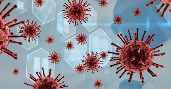 Ilustração Digital Macro Células Coronavirus Covid Flutuando Sobre Ícones Médicos — Fotografia de Stock