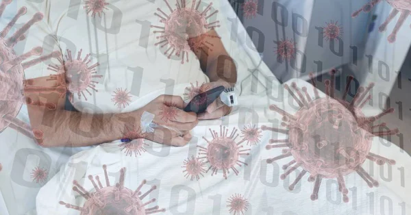 Digital Illustration Patient Lying Hospital Bed Using His Smartphone Macro — Stock Photo, Image