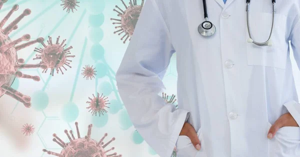 一位医生双手插在他的口袋里 在巨噬菌体Covid 19细胞上漂浮的数字图像 以及背景中的Dna菌株 — 图库照片