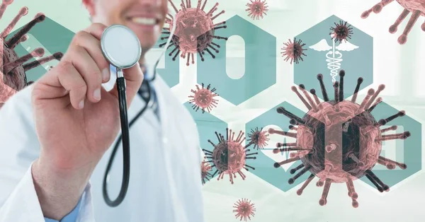 Ilustração Digital Médico Sorrindo Segurando Estetoscópio Sobre Macro Células Coronavirus — Fotografia de Stock