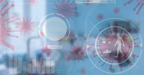 Ilustração Digital Macro Células Coronavirus Covid Flutuando Varredura Escopo Fundo — Fotografia de Stock