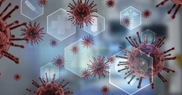 Ilustração Digital Células Macro Coronavirus Covid Flutuando Com Ícones Médicos — Fotografia de Stock