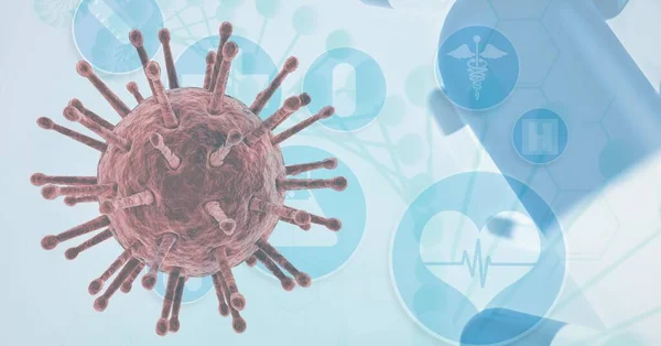 Ilustração Digital Uma Célula Macro Coronavirus Covid Comprimidos Ícones Médicos — Fotografia de Stock
