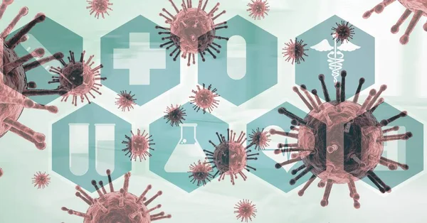 Ilustración Digital Células Macro Covid Coronavirus Flotando Sobre Iconos Médicos —  Fotos de Stock