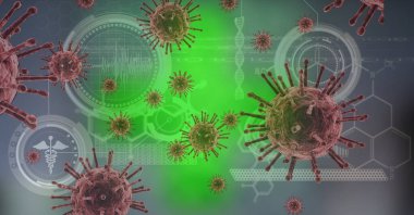 Yüzen makro Coronavirus Covid-19 hücrelerinin dijital çizimi, veri işleme, gri ve yeşil arkaplan istatistikleri. 