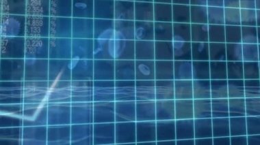 Makro Covid-19 animasyonu ve borsada yüzen kan hücreleri. Finans sektörü borsası küresel veri işleme kavramı dijital olarak oluşturulmuş görüntü.