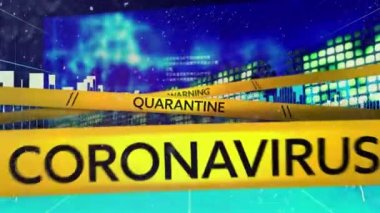 Borsa görüntüsü üzerinden sarı bantlarda Uyarı Karantina Coronavirüsü kelimelerinin animasyonu, veri kaydı. 