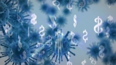 Makro Covid-19 hücreleri ve Amerikan dolar işaretleri yüzüyor. Finans sektörü borsası küresel veri işleme kavramı dijital olarak oluşturulmuş görüntü.